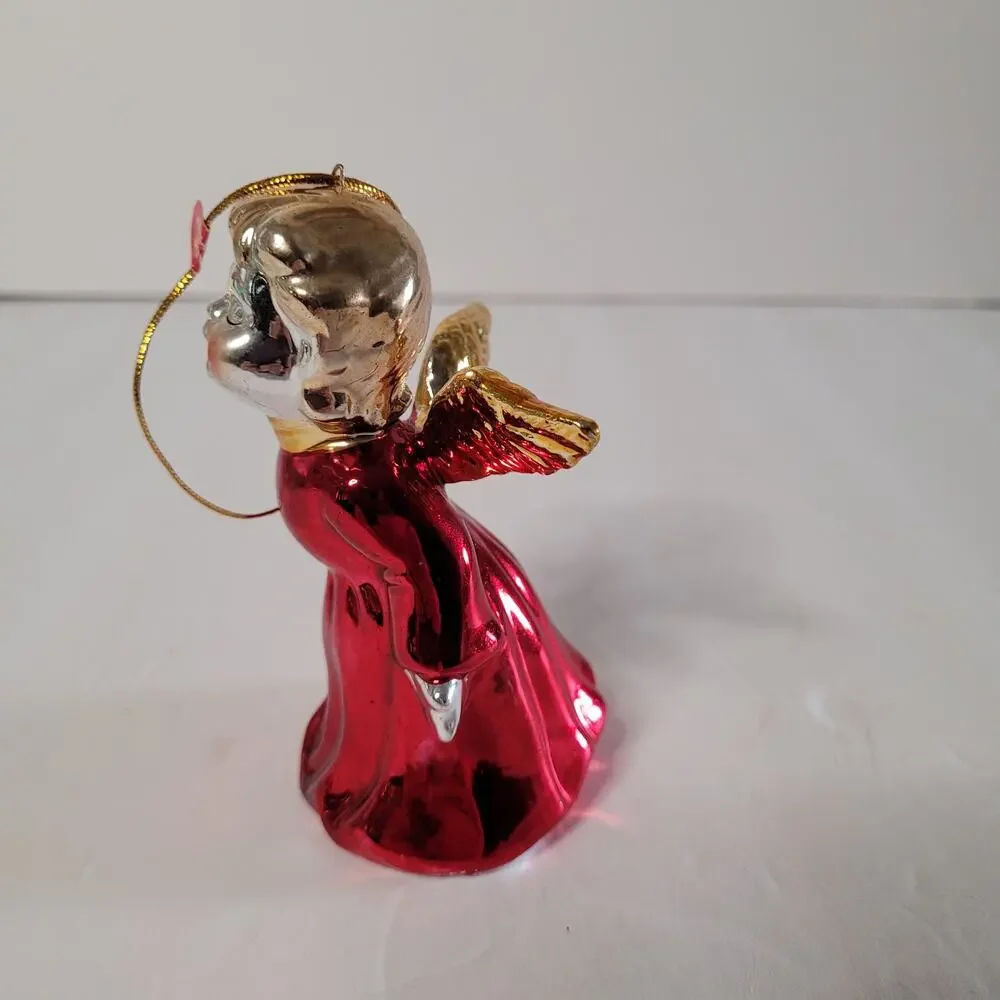 Angel Bell Christmas Ornament - Blond Hair, Red Dress, Gold Wings